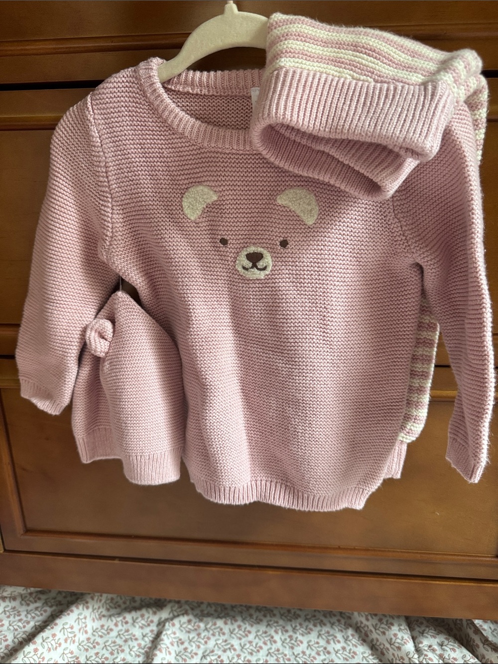 Carter's Light Pink Bear Knit Sweater with Matching Hat